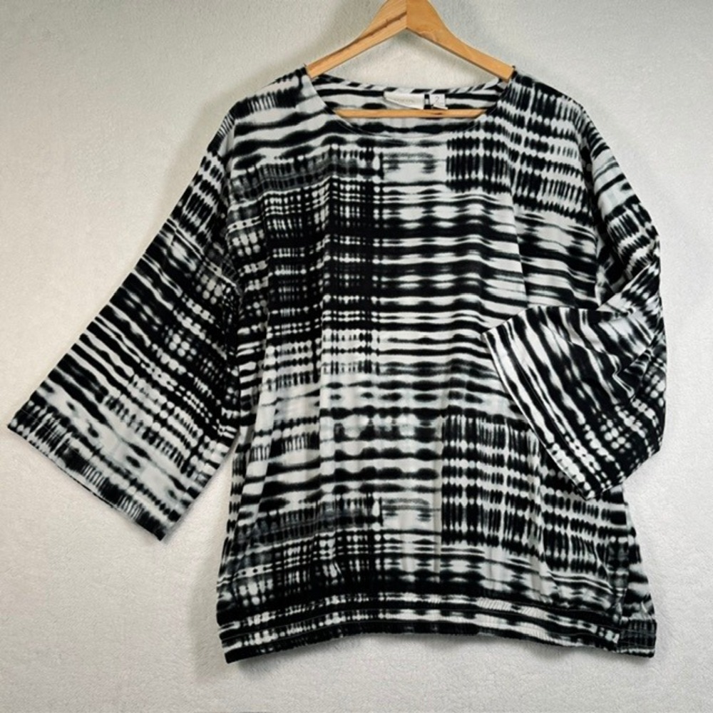 Chicos Black White Tie Dye Kimono Sleeve Bubble Hem Blouse Size 2 Large